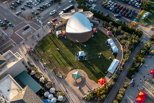 Virginia Beach Virginia - September 4 2021: Aerial View of a Park and Stage set up for a Concert in Virginia Beach Virginia at the Oceanfront