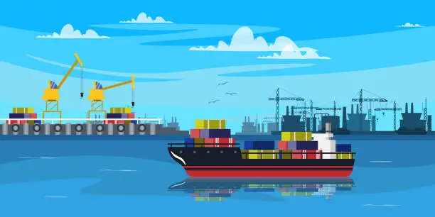 Vector illustration of Vector illustration of a beautiful landscape with a cargo ship in a seaport. Cartoon seascape scene with cargo ship with silhouettes of lifting cranes, unloaded cargo, blue sky, clouds and birds.