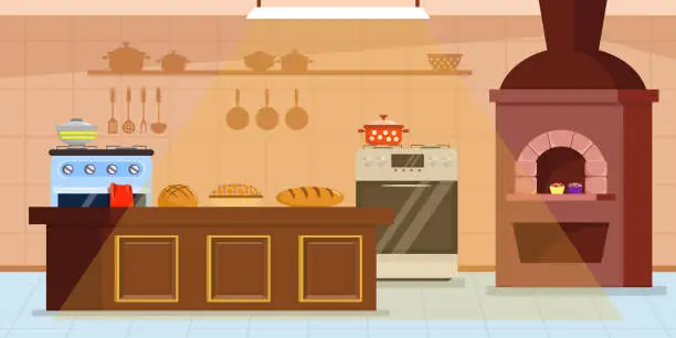 Vector illustration of Vector illustration of a beautiful kitchen, bakery interior. Cartoon scene of a kitchen with various equipment: gas stoves with pots, pans, a towel, an oven, a table with pastries, bread, cakes.