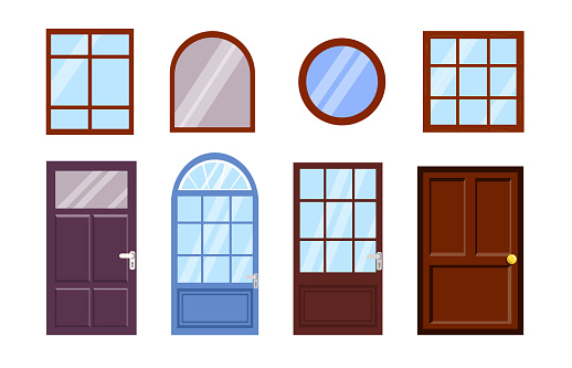 Set of different windows and doors in cartoon style. Vector illustration of beautiful windows and doors with handles and locks of different shapes isolated on white background.