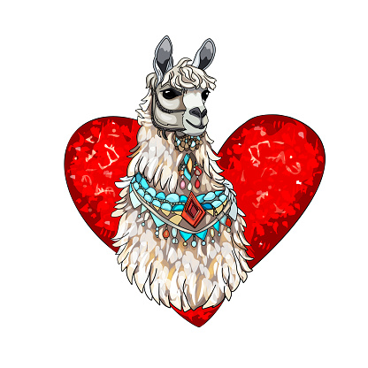 Isolated illustration of a llama in the shape of a heart. For a children's coloring page, a blank for designers is vector. Label, logo, icon, print