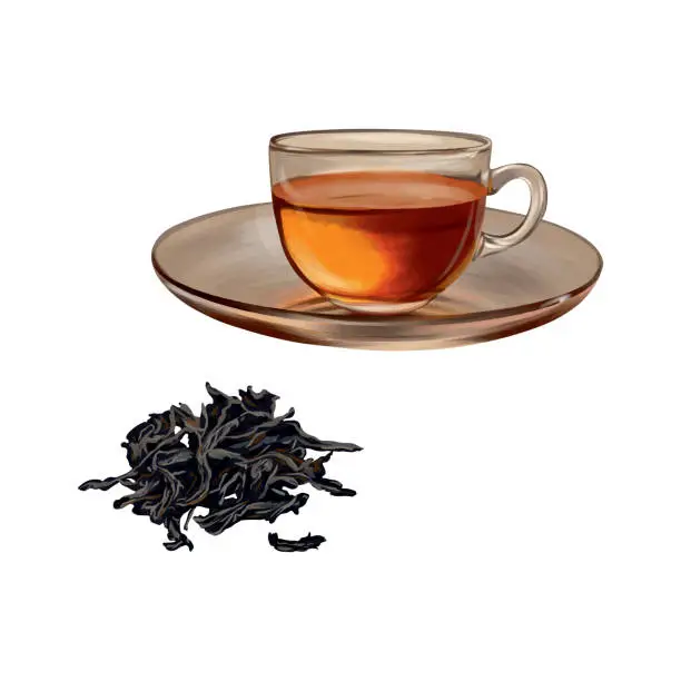 Vector illustration of Cup of tea, dried tea leaves. Vector illustration in graphic style. Cards, invitations, spring banners, packaging, covers, labels, flyers.