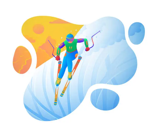 Vector illustration of Skiing on a Snowy Slope at Sunset