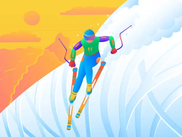 Vector illustration of Skiing on a Snowy Slope at Sunset