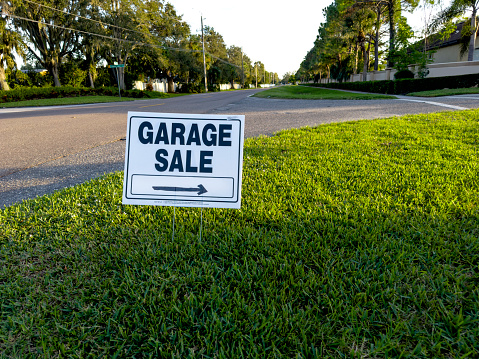 Close up Outdoor Garage Sale Sign in Florida