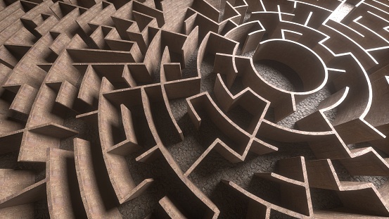 Maze Background. Huge Mysterious labyrinth. Circular maze. Labyrinth entrance. Challenge and problems concept. 3D Rendering