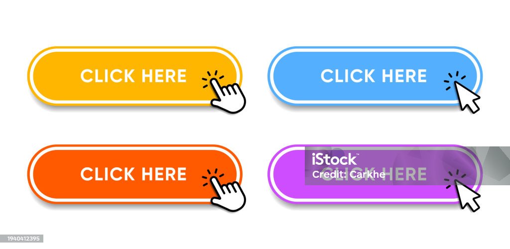 Click Here Web Buttons With Hand Cursor Set Of Action Button With Arrow ...