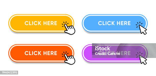 Click Here Web Buttons With Hand Cursor Set Of Action Button With Arrow ...
