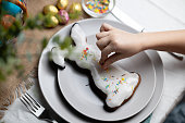 Hand of child decorating baked Easter bunny gingerbread cookie with multi colored sugar sprinkles