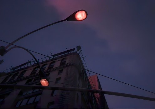 This photograph captures two illuminated street lights against the backdrop of a building under a twilight sky in New York City.