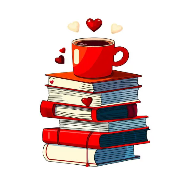 Vector illustration of Vector illustration of a stack of books with a cup of coffee and a heart. Valentine's day. Isolated on white background. For print, package, cards, designers, valentine, clothes, interior, icon, logo. Vector illustration by Line for coloring