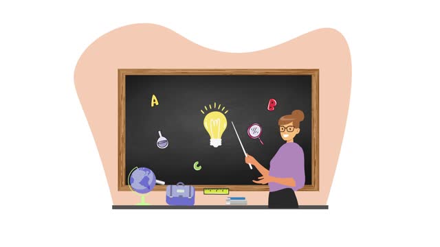 Female Teacher of Primary School with Blackboard Teaching Basics Education. Design Animation.