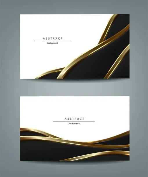 Vector illustration of Set of horizontal abstract templates. Luxury black background with gold vertical lines. Invitation card or flyer.