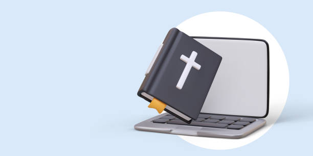 istock 3D Bible, open laptop. EBook Religious teaching online. Distance learning in Christian school 1940456233