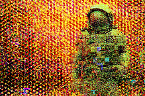 Abstract glitched astronaut in raster print technique. 3D generated image.