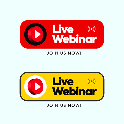 Live webinar. Live webinar Join us now Facebook and social media cover banner with two labels in red and yellow colours. Live streaming symbols with play buttons. Vector illustration. Live streaming concept labels for online education. EPS 10 stock illustration.

Join us now in live webinar for education, ecommerce, online learning cover banner

Live webinar icon in flat style. Online training vector illustration on isolated background. Conference stream sign business concept. stock illustration

Live Webinar Icon Vector Design on White Background. stock illustration

Webinar banner. Online studying. Course, lesson. Vector on isolated white background. EPS 10 stock illustration

Watching online webinar on laptop illustration. Online lesson, lecture, seminar, training, course. Vector on isolated background. EPS 10 stock illustration