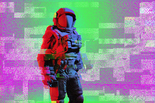 Abstract glitched astronaut in raster print technique. 3D generated image.