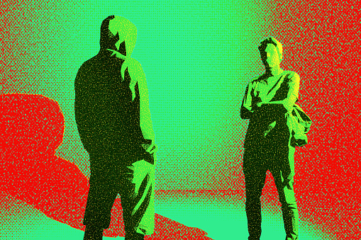 Abstract raster print style render of two men talking. 3D generated image.