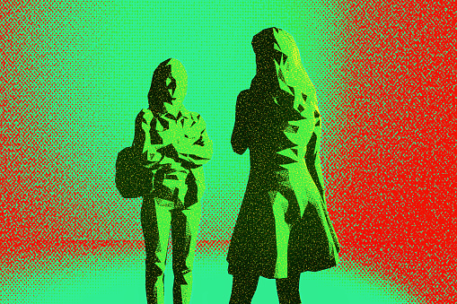 Abstract raster print style render of two women talking. 3D generated image.