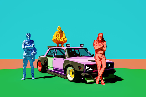 Squatting Slavs in tracksuits with a modified old Eastern Europe car model