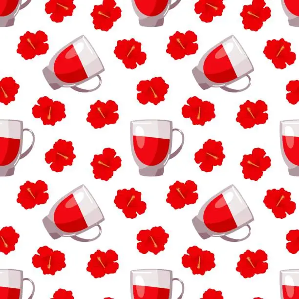 Vector illustration of Seamless Hibiscus Tea pattern. Tea cup and fresh red hibiscus flowers. Rosa sinensis flower. Tropical rose flower. Repeated Vector illustration of hot or ice drink for wallpaper, textile, wrapping.