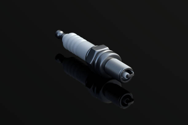 candela per auto su sfondo nero con riflessione. componenti automobilistici. distributore di benzina. riparazione del motore. attrezzatura per auto. manutenzione della motocicletta. rendering 3d - spark plug electrode transportation workshop foto e immagini stock