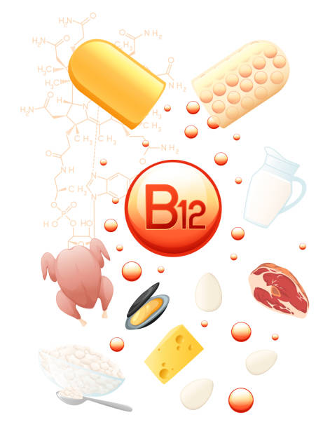 illustrations, cliparts, dessins animés et icônes de vitamin b12 cyanocobalamin capsule with molecular formula and the products in which it is contained vector illustration on white background - pill vitamin b vitamin pill orange