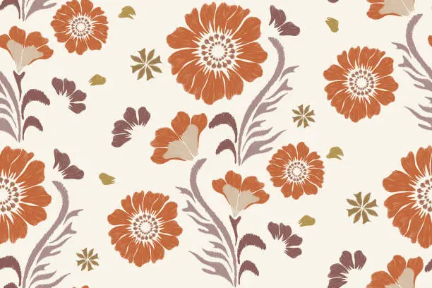 Vector illustration of Ikat Floral seamless pattern embroidery on white background.  Flower motif ethnic traditional. Baroque style vector illustration
