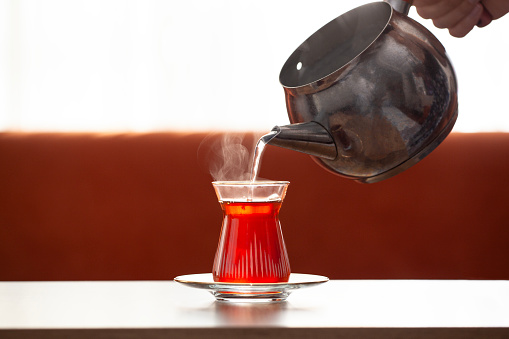 Brewed black turkish tea, traditional hot drink