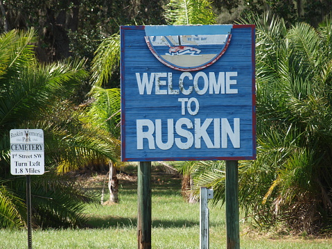 Ruskin, Florida, United States - November 1, 2022: Welcome to Ruskin sign. Small city by Tampa Bay, Florida.