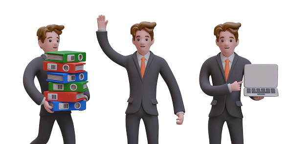 Man holding stuck with folders. Male presenting new gadget. Business worker rising up hand. 3d realistic business people concept. Vector illustration in cartoon style