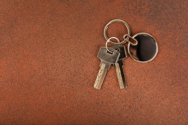 Keychain with key ring isolated on a colored background. Concepts for real estate and moving home or renting property. Buying a property. Mock-up keychain.Copy space.