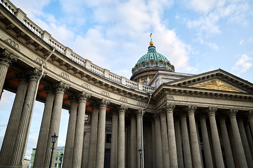 Kazan Cathedral on the blue cloudy sky background, bottom view, Sankt-Petersburg, Russia