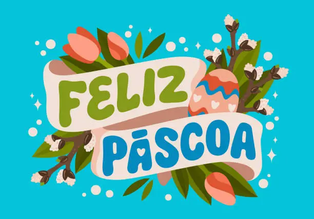 Vector illustration of Portuguese Happy Easter greeting text, Feliz Pascoa. Festive hand-drawn typography design. Vector lettering phrase with ribbons, spring flowers and Easter eggs. Bright element for any festive occasion