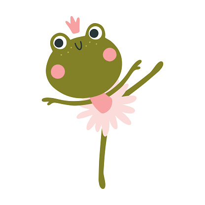 Ballerina frog vector isolate. Cute illustration of a character in a tutu dancing ballet. Hand-drawn cartoon in a limited palette is ideal for printing on baby clothes, posters