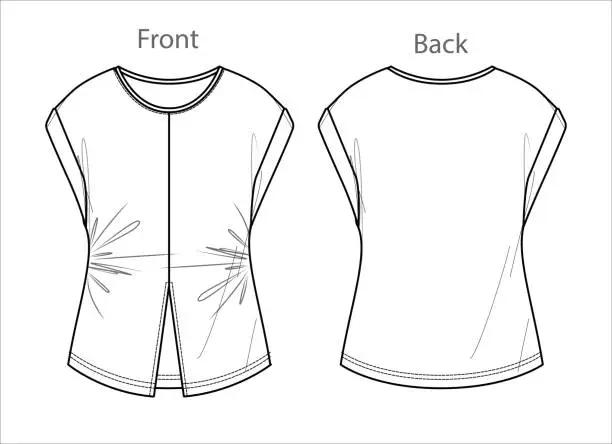 Vector illustration of Vector short sleeved blouse fashion CAD, woman jersey top with droped shoulders technical drawing, summer round neck t-shirt sketch, template. Jersey or woven fabric top, front, back view, white color