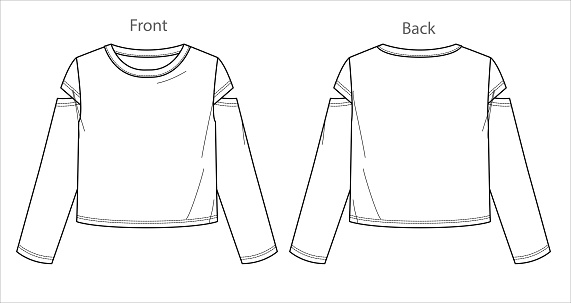 Vector long sleeved basic top fashion CAD, woman boxy shape round neck with cut-outs details on sleeve blouse technical drawing, template, mock up, flat. Jersey tee with front, back view, white color