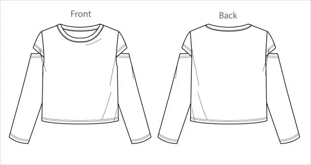 Vector illustration of Vector long sleeved basic top fashion CAD, woman boxy shape round neck with cut-outs details on sleeve blouse technical drawing, template, mock up, flat. Jersey tee with front, back view, white color