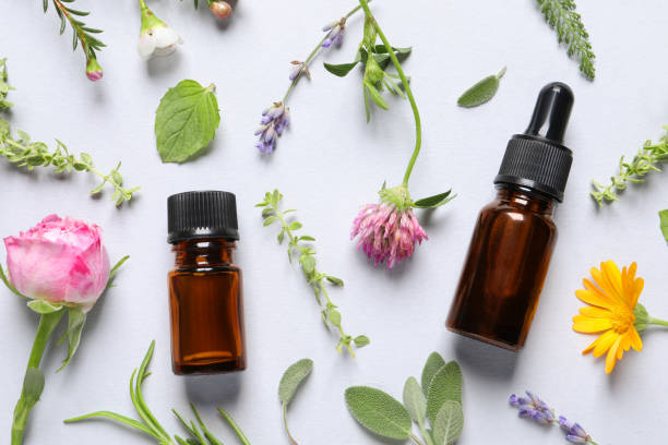 istock Bottles of essential oils, different herbs and flowers on white background, flat lay 1940597578