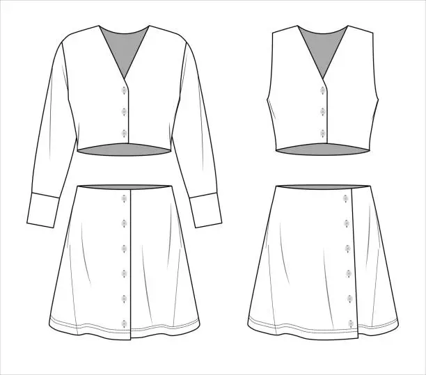 Vector illustration of Vector tweed shirt, vest and skirt set technical drawing, sleeveless V-neck jacket with skirt fashion CAD, sketch, template, flat. Jersey or woven fabric 4 pcs set with front, back view, white color