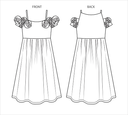 Vector flared long dress fashion CAD, woman midi dress with shoulder straps technical drawing, frill detail dress flat, template, sketch. Jersey or woven fabric dress, front, back view, white color