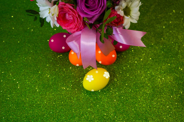 Happy easter! Flat Lay, Internet banner, postcard on Easter.  Bouquet of flowers and Easter eggs