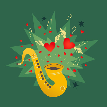 Saxophone Love Music Melody cute hand drawn vector poster. Sax burst out hearts, heart with wing, musical note joyful cartoon design. Weddings, Valentines Day Love music concert event flyer background
