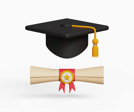 Diploma or Accreditation concept. Goal and Achievement, Business Graduation Concept. 3D graduation cap and diploma roll icon. 3d illustration