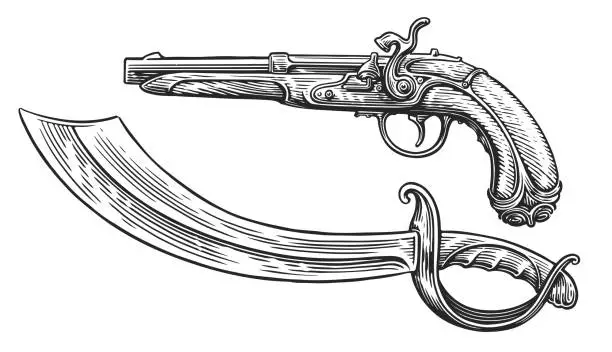 Vector illustration of Vintage gun and saber of pirate. Ancient musket or pistol, sword sketch. Hand drawn vector illustration