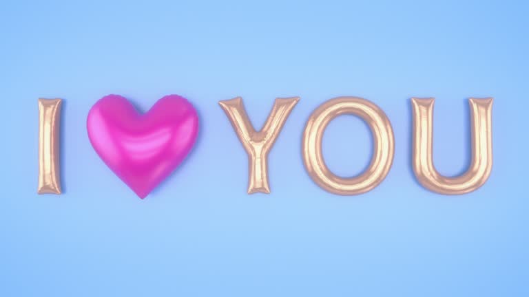 Title: I Love You Inscription made of Inflating Shiny and Reflective Balloons: Uppercase Peach Fuzz Letters and Pink Heart. 4K Animated Valentine's, Wedding or Mother Day Title.