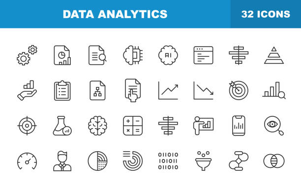 ilustrações, clipart, desenhos animados e ícones de ícones de linha do data analytics. traçado editável. contém ícones como big data, dashboard, bar graph, stock market exchange, infographic, growth, analytics. - analyzing data bar graph graph