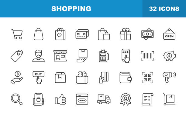 ilustrações de stock, clip art, desenhos animados e ícones de shopping line icons. editable stroke. contains such icons as shopping cart, credit card, customer support, groceries, package delivery, feedback, shop, store. - saco objeto manufaturado