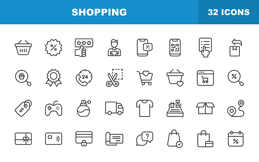 Shopping Line Icons. Editable Stroke. Contains such icons as Shopping Cart, Credit Card, Customer Support, Groceries, Package Delivery, Feedback, Shop, Store.