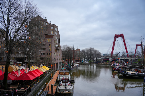Gelderseplein 24-8, 3011 WZ Rotterdam, Netherlands - December 26, 2023: Oude Haven Area. Cloudy weather.